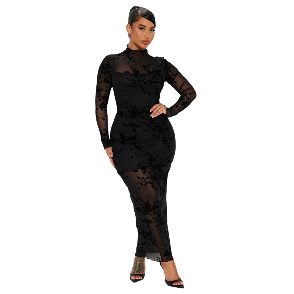 Fashion Nova Black Flocked Floral Mesh Mock Neck Maxi Dress Long Sleeve Small